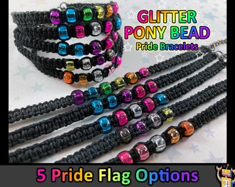Glitter Mini Pony Beads Hemp Pride Flag Bracelet - Rainbow, Bi, Trans, Nonbinary, Lesbian Flags - 1 Bracelet - 7 to 8 Inches Adjustable