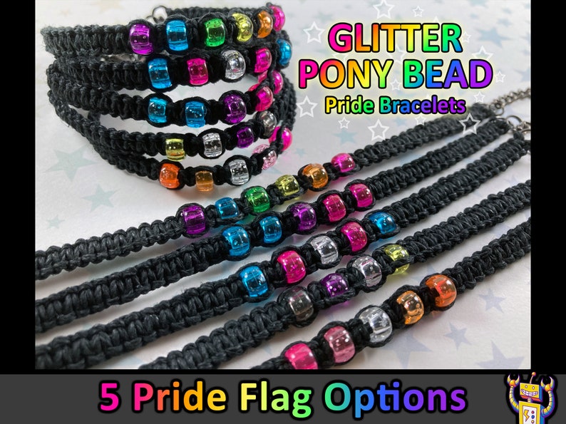 Glitter Mini Pony Beads Hemp Pride Flag Bracelet Rainbow, Bi, Trans, Nonbinary, Lesbian Flags 1 Bracelet 7 to 8 Inches Adjustable image 1