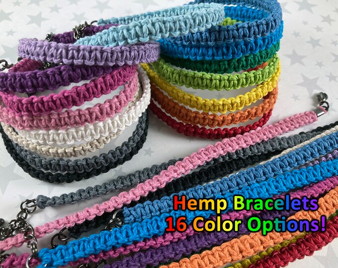 Hemp Bracelet - Solid Color with Gunmetal Extender Chain - 1 Bracelet - 16 different colors (Pick 1!) - 7 to 8 Inches Adjustable