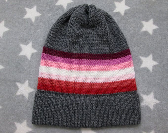 Knit Pride Hat - Lesbian Pride - Grey - Slouchy Beanie - Acrylic - Red White Pink Lesbian Flag