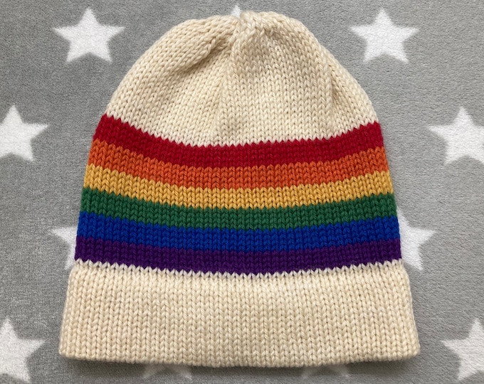 100% Wool Knit Pride Hat | LGBT Rainbow | Cream