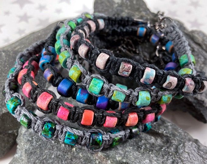 Hemp Bracelet - Speckled Ceramic Beads - Assorted Colors - 1 Bracelet - 7 to 8 Inches Adjustable