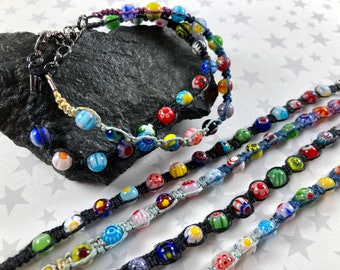 Millefiori Hemp Bracelet | Black or Gradient Hemp (Pick 1) | Slim Bracelet | 7 to 8 Inches Adjustable