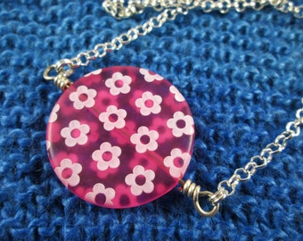 Spinner Pendant Necklace - Pink Flowers - Long Chain