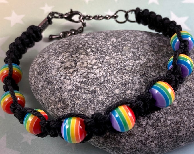 Hemp Pride Bracelet - Rainbow Striped Beads - Black Hemp - 7 to 8 Inches Adjustable