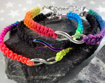 Rainbow Infinity Hemp Pride Bracelet - Neurodiversity - LGBT - Autistic Pride - 1 Bracelet (3 Color Options) - Chain or Slide Knot Closure