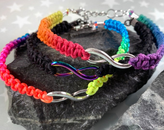 Rainbow Infinity Hemp Pride Bracelet - Neurodiversity - LGBT - Autistic Pride - 1 Bracelet (3 Color Options) - Chain or Slide Knot Closure