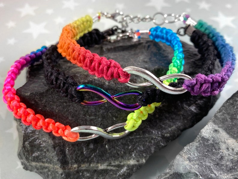 Rainbow Infinity Hemp Pride Bracelet Neurodiversity LGBT Autistic Pride 1 Bracelet 3 Color Options Chain or Slide Knot Closure image 1