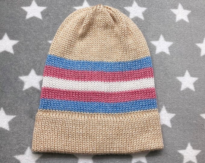 Knit Pride Hat - Trans Pride - Heathered Cream - Slouchy Beanie - Acrylic