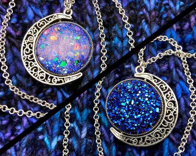 Spinner Moon Necklace | Silver & Dark Blue Gems | Stim Jewelry | Large 1.5" Pendant