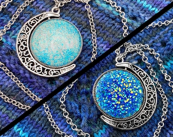 Spinner Moon Necklace | Silver & Light Blue Gems | Stim Jewelry | Large 1.5" Pendant