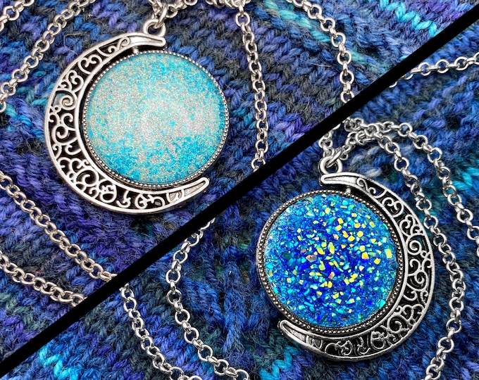 Spinner Moon Necklace | Silver & Light Blue Gems | Stim Jewelry | Large 1.5" Pendant