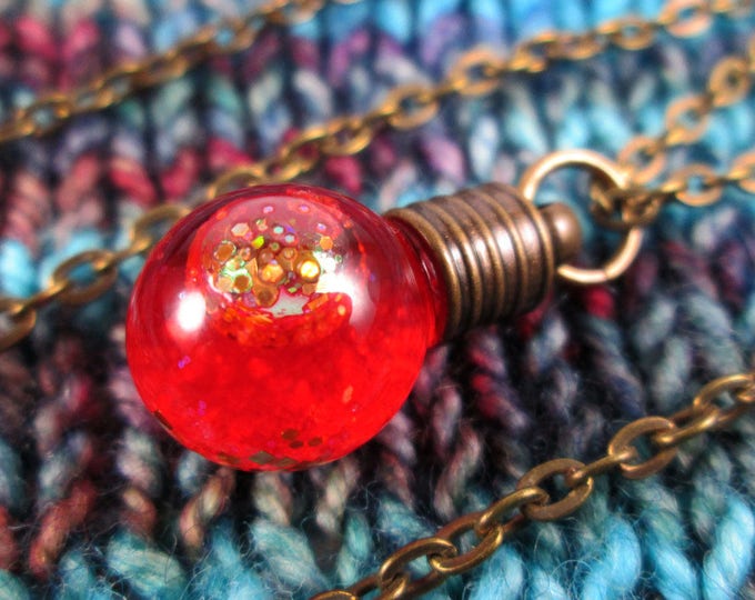 Glitter Liquid Necklace - Small Red Globe - Bronze Chain