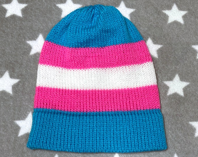 Knit Trans Pride Hat | Neon Slouchy Beanie | Lightweight Acrylic