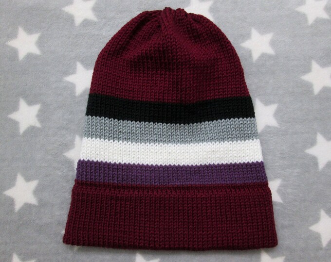 Knit Asexual Pride Hat | Wine Red Slouchy Beanie | Acrylic | CLEARANCE (Old Style Yarn)