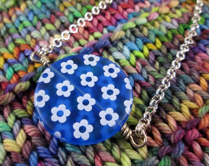 Spinner Pendant Necklace - Blue Flowers - Long Chain