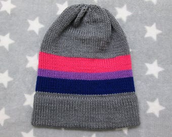 Knit Bi Pride Hat | Gray Slouchy Beanie | Lightweight Acrylic