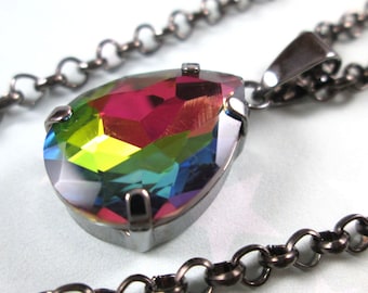 Rhinestone Crystal Necklace - Rainbow Vitrail Teardrop