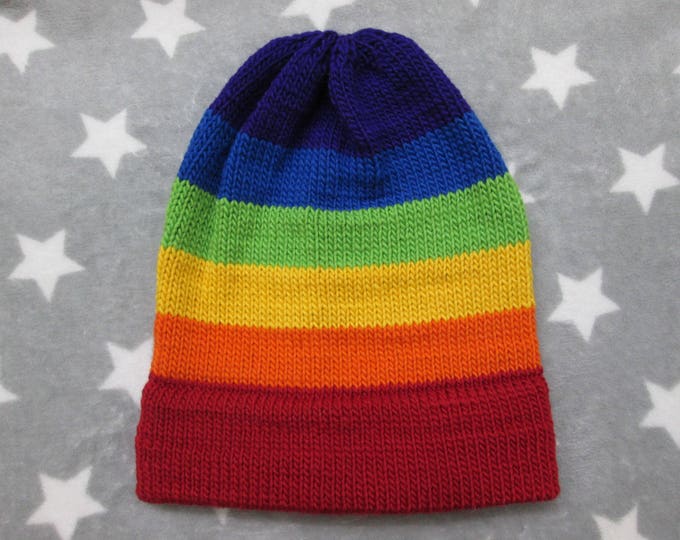 Knit Pride Hat - LGBT Rainbow - Wool Mohair Beanie - Red Brim