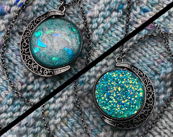 Spinner Moon Necklace | Gunmetal & Teal Blue Gems | Stim Jewelry | Large 1.5" Pendant