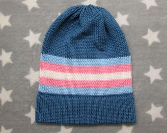 Knit Trans Pride Hat | Denim Blue Slouchy Beanie | Acrylic | CLEARANCE (Old Style Yarn)