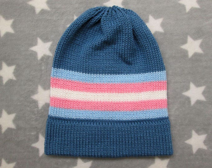 Knit Trans Pride Hat | Denim Blue Slouchy Beanie | Acrylic | CLEARANCE (Old Style Yarn)