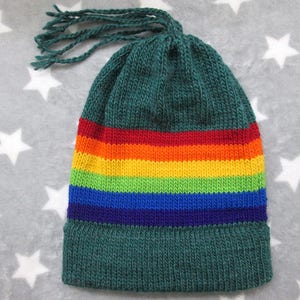 Knit Wool Mohair Pride Hat | LGBT Rainbow | Warm Winter Hat | Forest Green with Tassels