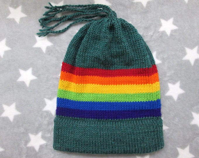 Knit Wool Mohair Pride Hat | LGBT Rainbow | Warm Winter Hat | Forest Green with Tassels