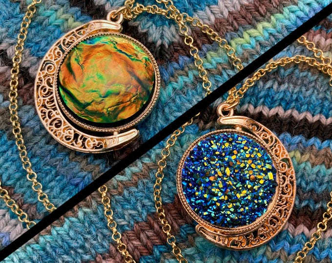Spinner Moon Necklace | Gold & Iridescent Faux Fire Opal | Stim Jewelry | Large 1.5" Pendant
