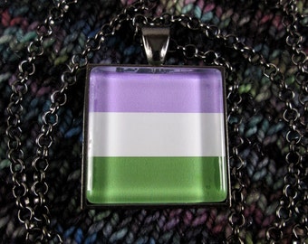 Genderqueer Pride Flag Necklace | Gunmetal Square | Rolo Chain