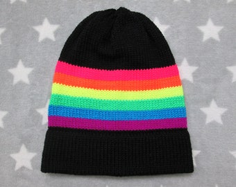 Knit Neon LGBT Rainbow Pride Hat | Black Slouchy Beanie | Acrylic