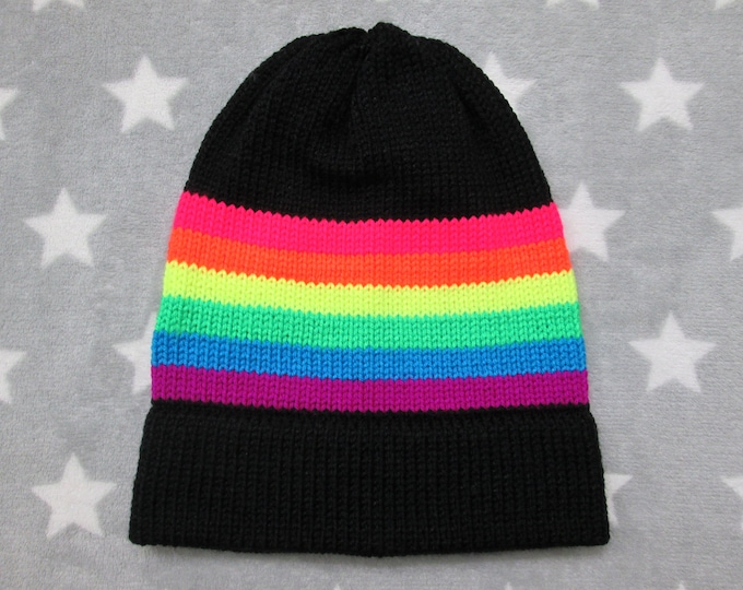 Knit Pride Hat - Neon LGBT Rainbow - Black - Slouchy Beanie - Acrylic