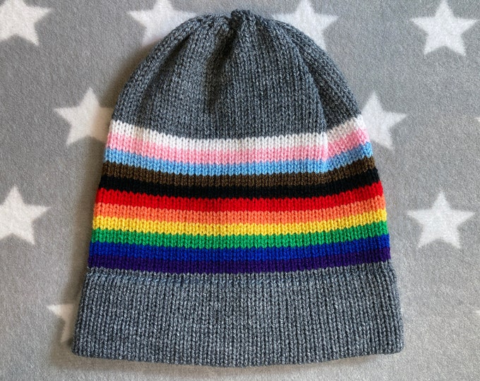Knit Progress Pride Hat | Grey Slouchy Beanie | Lightweight Acrylic