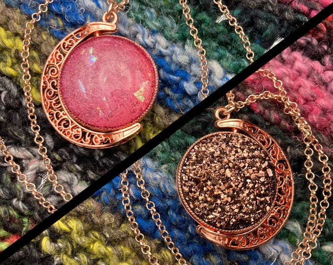 Spinner Moon Necklace | Rose Gold & Pink Gems | Stim Jewelry | Large 1.5" Pendant