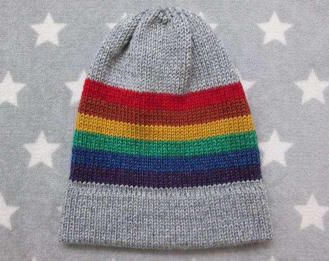 Knit LGBT Rainbow Pride Hat | Heathered Light Grey | Slouchy Beanie | Soft & Warm Acrylic