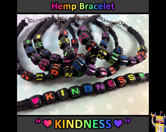 KINDNESS Hemp Bracelet - Rainbow Alphabet Beads - Black Hemp - 1 Bracelet (Assorted Rainbow Colors) - 7 to 8 Inches Adjustable