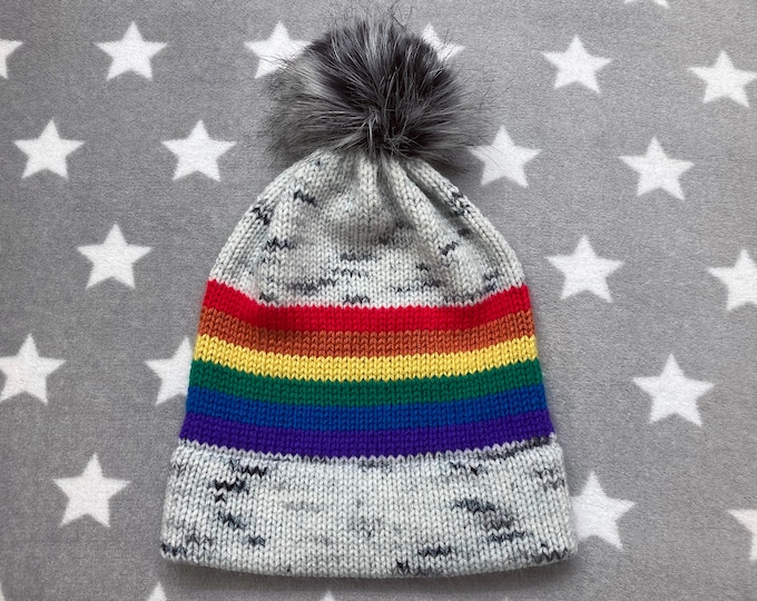 Knit Pride Hat - Rainbow Oreo Shake - Black and White Pom-Pom - Slouchy Beanie - Acrylic