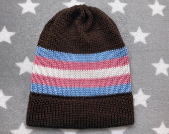 Knit Trans Pride Hat | Heathered Brown | Slouchy Beanie | Soft & Warm Acrylic