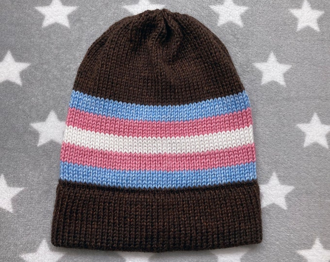 Knit Pride Hat - Trans Pride - Heathered Brown - Slouchy Beanie - Acrylic