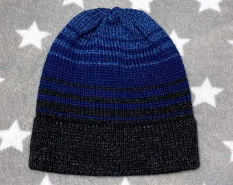 Knit Gradient Hat - Black to Blue - Ombre Fade Stripes - Slightly Slouchy Beanie - Acrylic