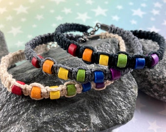 Hemp Pride Bracelet - LGBT Rainbow Pride - Black, Grey or Tan - Ceramic Beads - 1 Bracelet - 7 to 8 Inches Adjustable