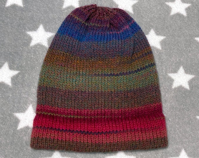 Knit Hat - Rusty Pink, Purple, Gold, Green - Slouchy Beanie - Wool Acrylic Blend