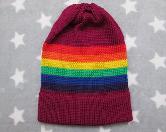 Knit LGBT Rainbow Pride Hat | Magenta Purple Slouchy Beanie | Soft Wool Acrylic Blend | CLEARANCE (Old Style Yarn)