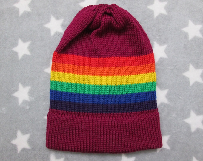 Knit Pride Hat - LGBT Rainbow - Magenta Purple - Slouchy Beanie - Soft Wool Acrylic Blend