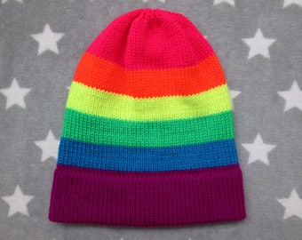 Knit Neon LGBT Rainbow Pride Hat | Slouchy Beanie | Soft & Warm Acrylic