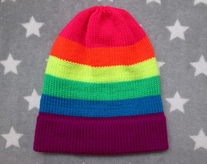 Knit Neon LGBT Rainbow Pride Hat | Slouchy Beanie | Soft & Warm Acrylic