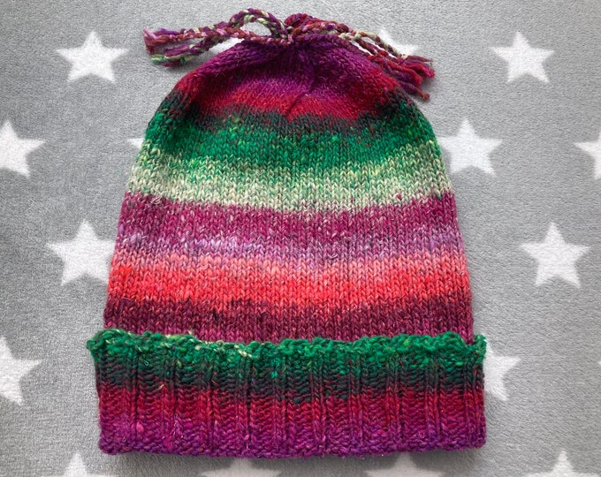 Handknit Noro Hat - Watermelon Raspberry - Slouchy Knit Hat with Tassels - Cotton Silk Wool Nylon Blend