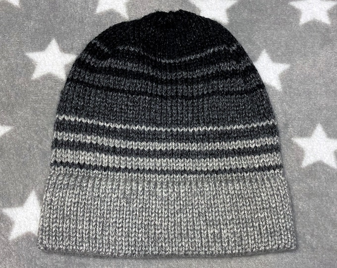 Knit Gradient Hat - Gray to Black - Ombre Fade Stripes - Slightly Slouchy Beanie - Acrylic