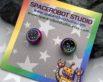 Rainbow Steel Earrings | Black Glitter Resin | Small 6mm Stud Earrings