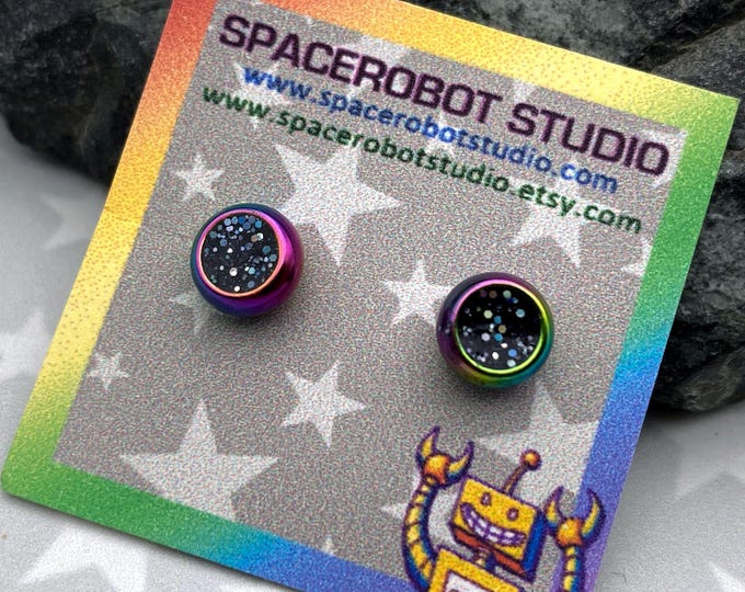 Rainbow Steel Earrings | Black Glitter Resin | Small 6mm Stud Earrings